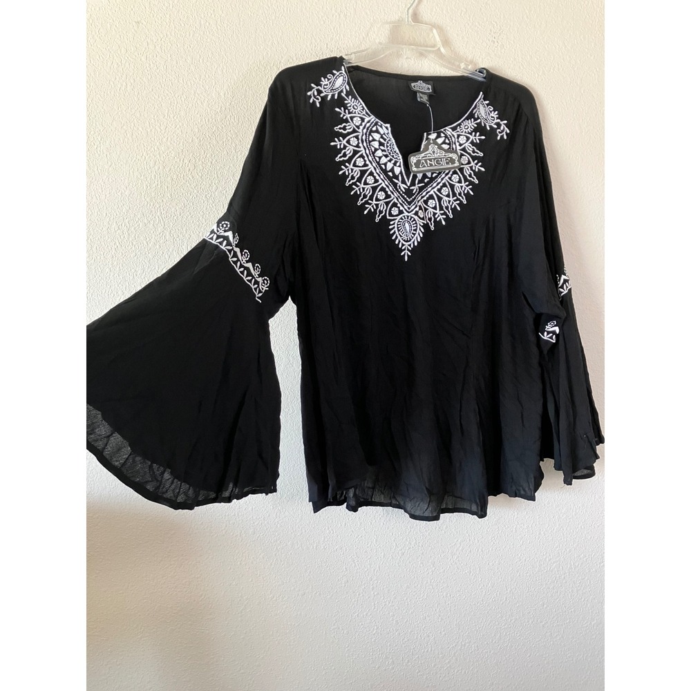 ANGIE Embroidered Bell Sleeve Blouse 3X NEW Boho Whimsigoth Gauze Tunic Black